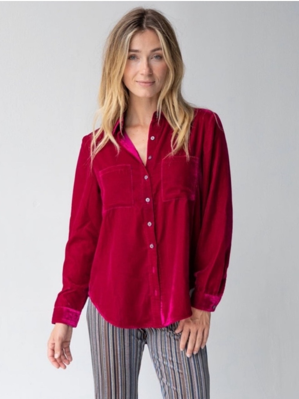 NATURAL LIFE Rocky Velvet Button Down Shirt Fuchsia Magenta Berry Pink Medium